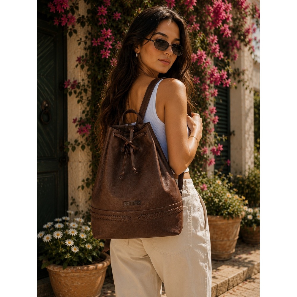 Pikolinos Brown Leather Drawstring Backpack Shoulder Bag Made in Spain Braided - Picture 13 of 14